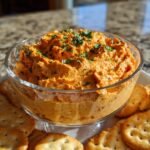 A bowl of creamy red paper treats dip garnished with parsley, surrounded by crackers.