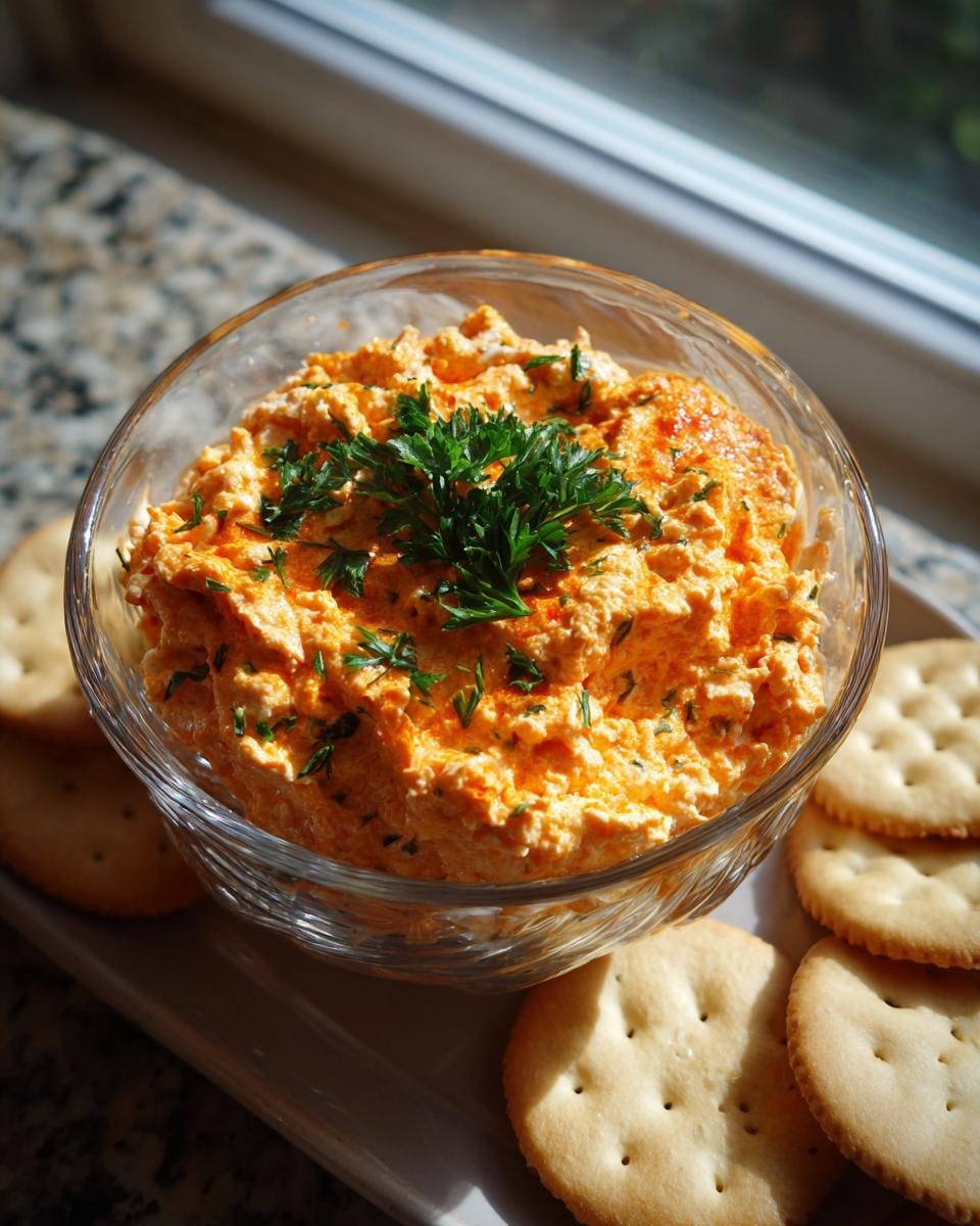 A bowl of creamy red paper treats dip garnished with parsley, served with round crackers.
