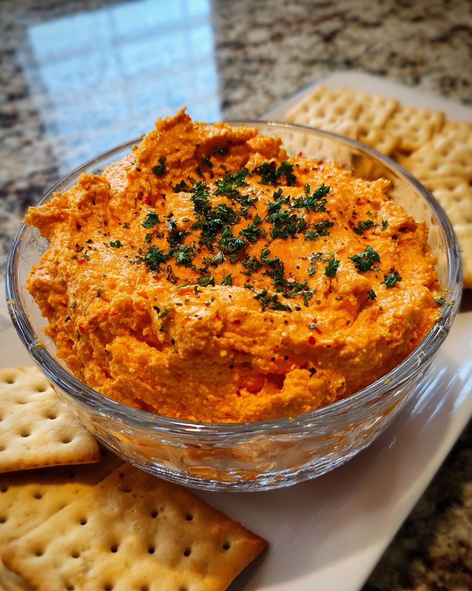 A bowl of creamy red pepper treats dip garnished with parsley, surrounded by crackers.
