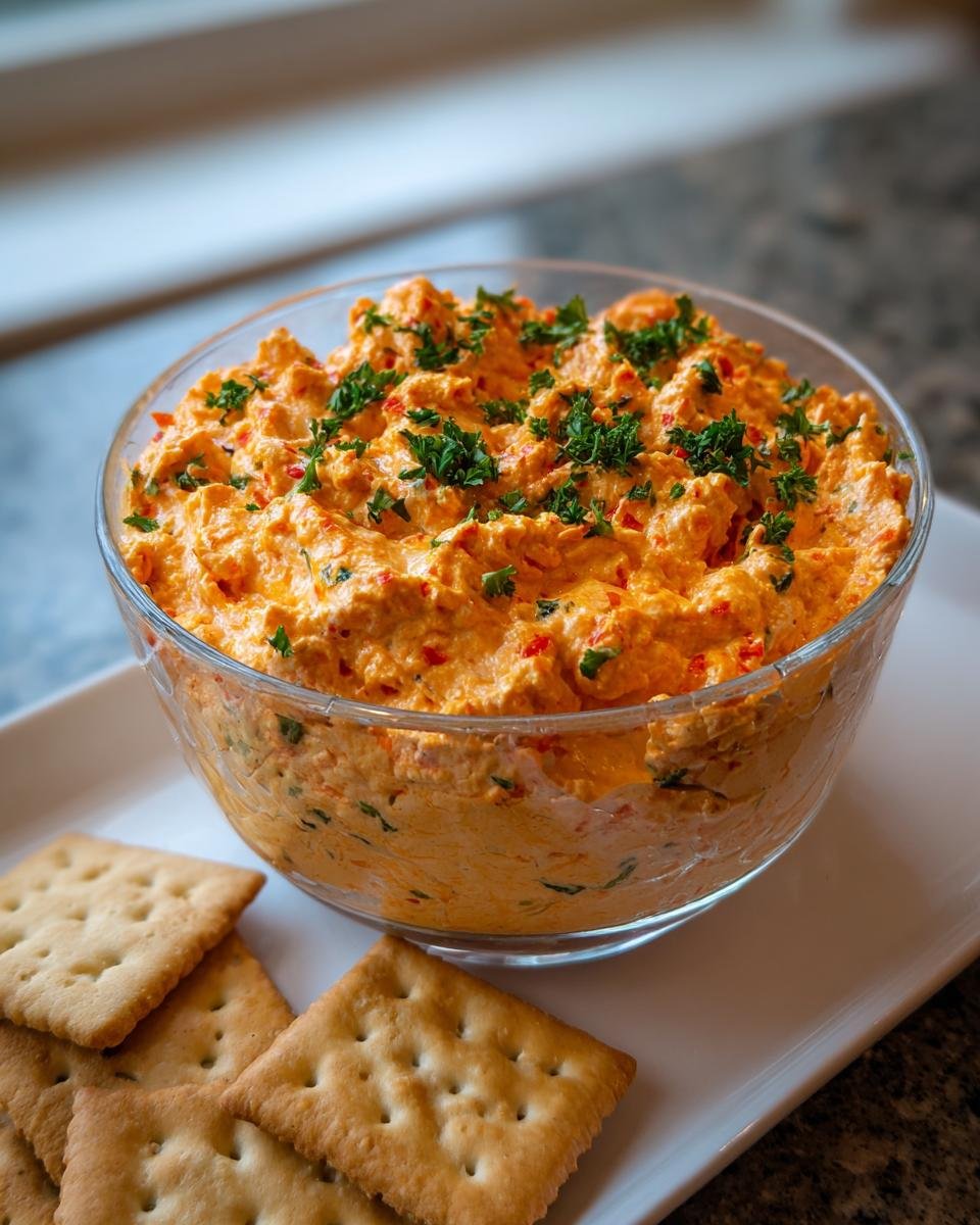 A glass bowl filled with creamy red pepper treats dip, garnished with parsley, served with crackers.