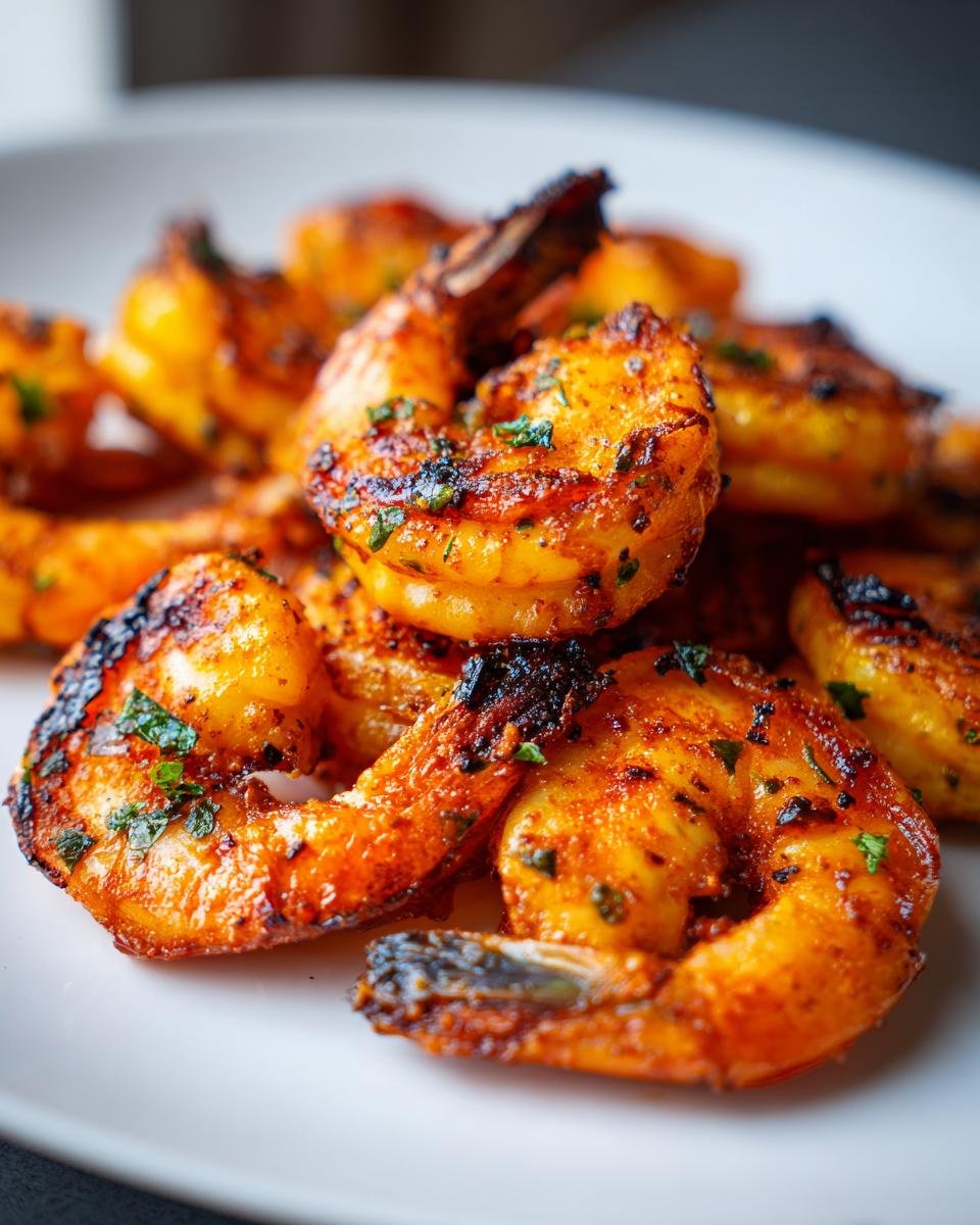 A close-up shot of a pile of perfectly cooked crispy air fryer shrimp, seasoned and garnished with herbs.