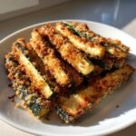 A plate of crispy baked parmesan zucchini fries, coated in breadcrumbs and cheese.