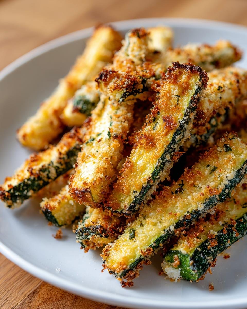 Close-up of a pile of crispy baked parmesan zucchini fries on a white plate.