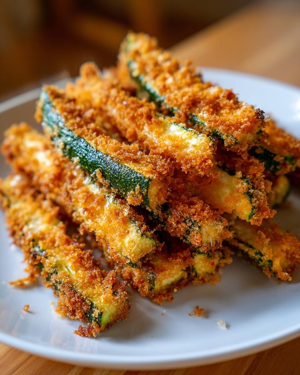 A close-up of a pile of crispy baked parmesan zucchini fries on a white plate.