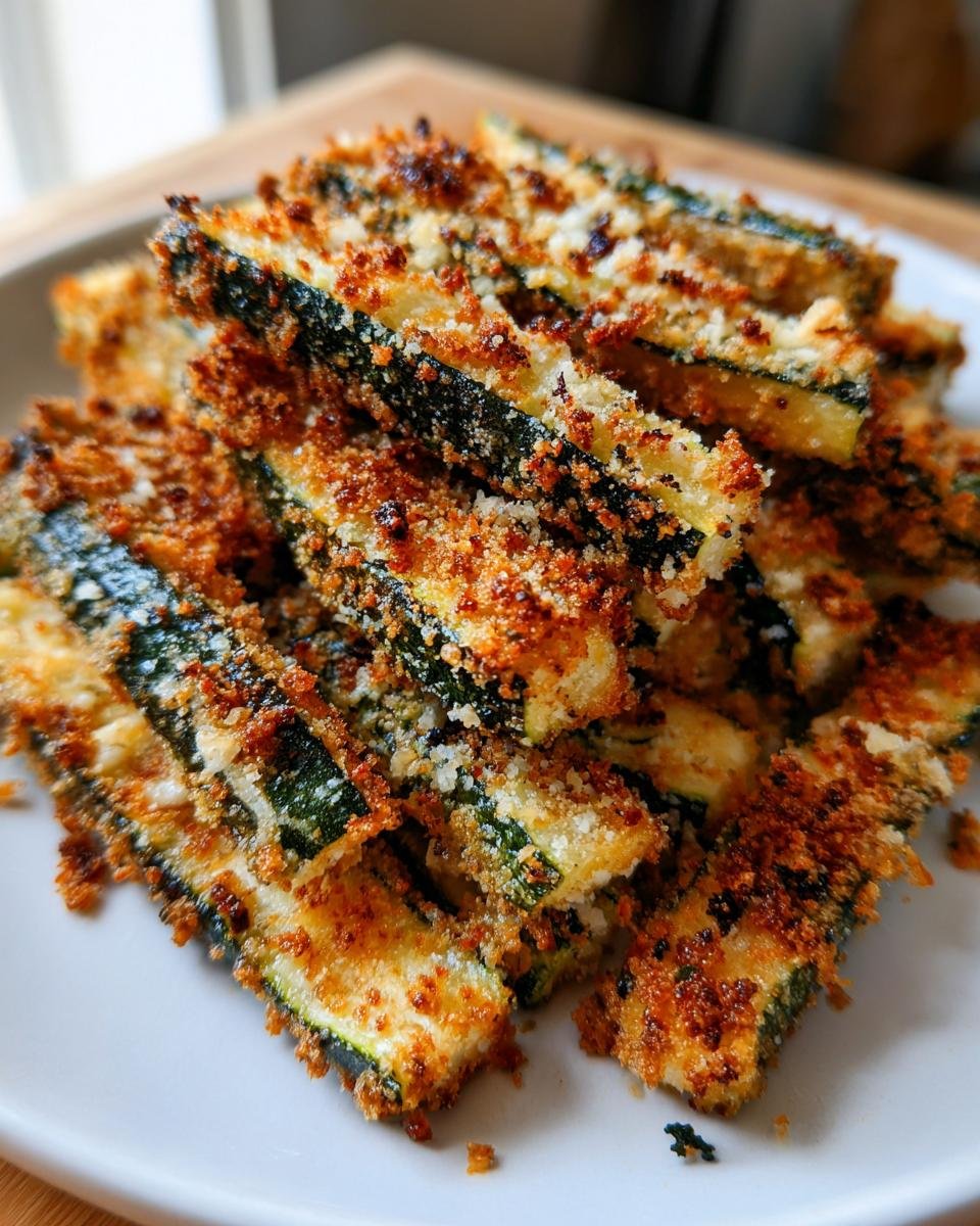 A close-up of a pile of crispy baked parmesan zucchini fries on a white plate.