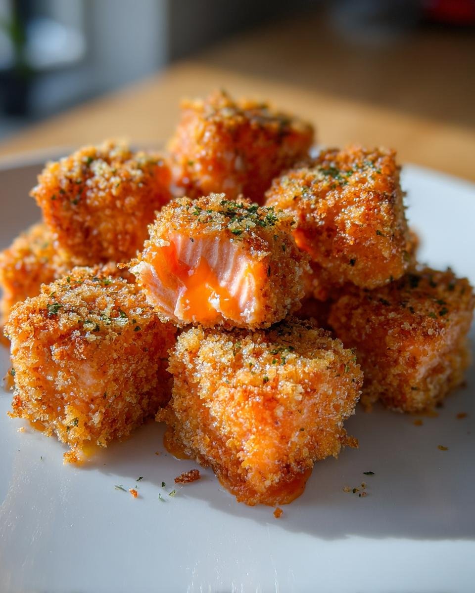 A pile of Irresistible Crispy Bang Bang Salmon Bites, one bite is cut in half to show the flaky salmon inside.