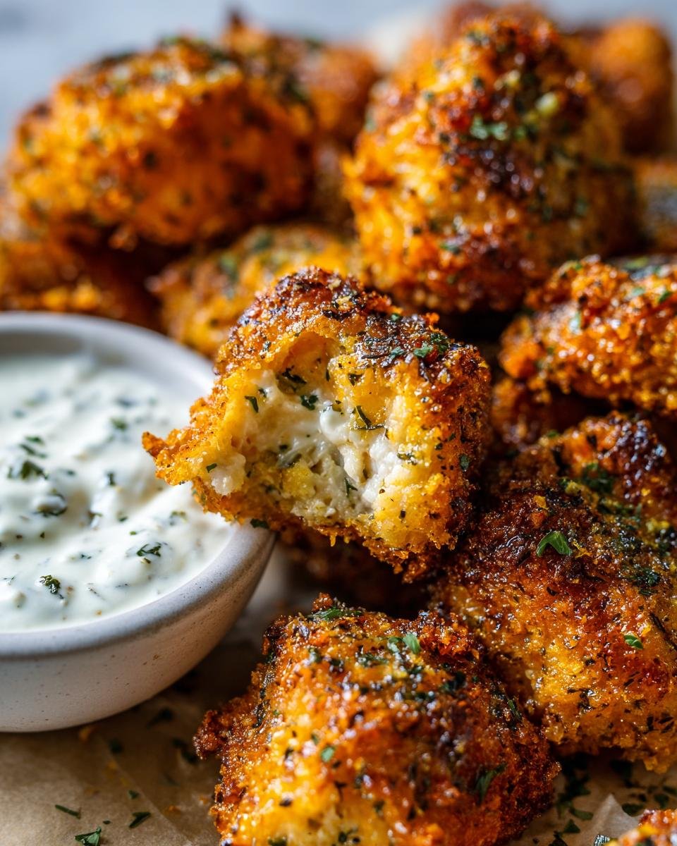 Close-up of crispy garlic herb butter chicken bites, one bitten in half, next to a bowl of creamy sauce.