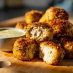 Close-up of crispy garlic herb butter chicken bites, one is broken open to show juicy chicken inside, with a side of creamy sauce.