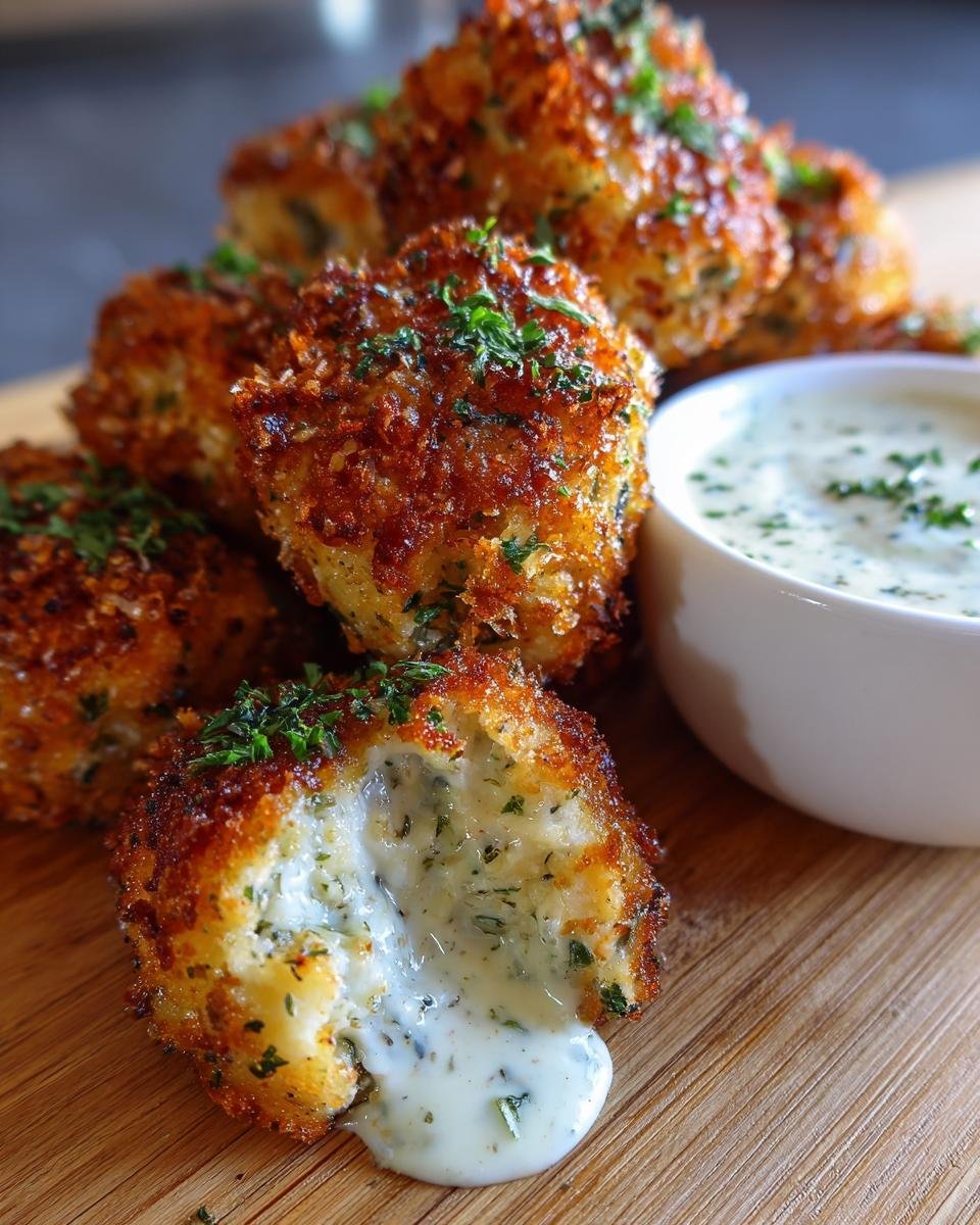 Close-up of crispy garlic herb butter chicken bites, one is broken open revealing a creamy sauce inside, served with a side of creamy sauce.