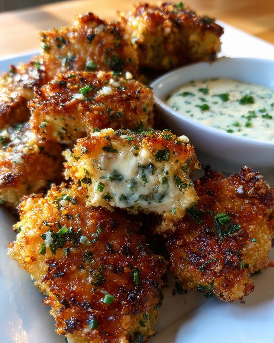 Close-up of Crispy Garlic Herb Butter Chicken Bites with a creamy dipping sauce.