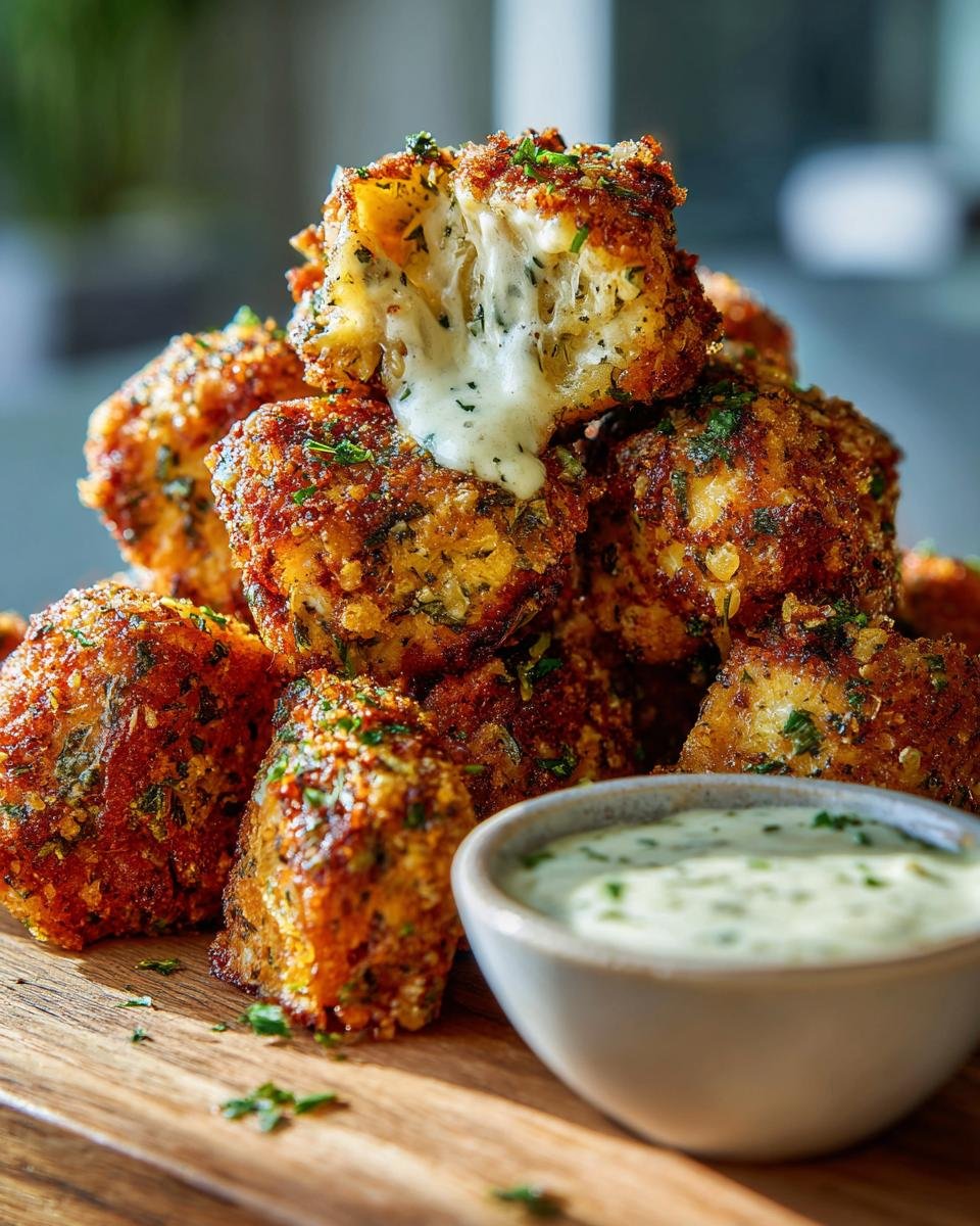 Close-up of crispy garlic herb butter chicken bites, with one bite oozing creamy sauce, served with a side of creamy sauce.