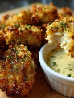 A hand dips a crispy garlic herb butter chicken bite into a creamy herb sauce.