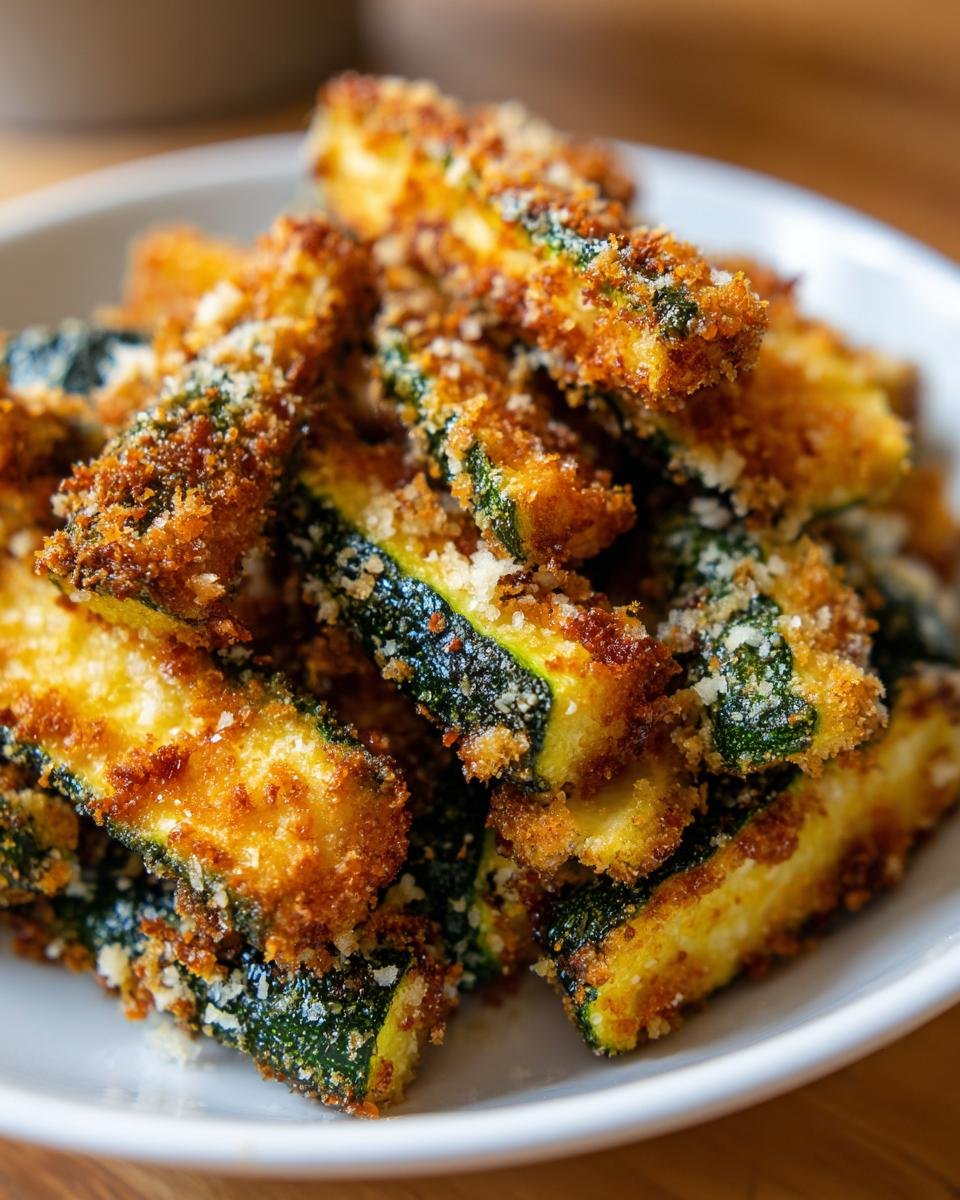 A pile of crispy baked Parmesan zucchini fries, coated in breadcrumbs and cheese, served on a white plate.