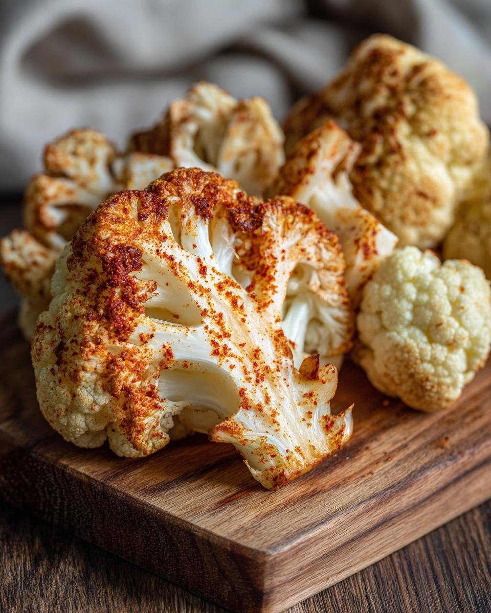 Close-up of crispy roasted cauliflower florets seasoned with paprika on a wooden board.