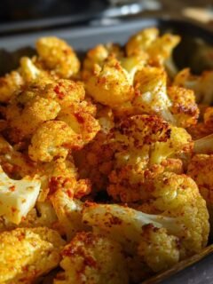Close-up of freshly roasted cauliflower florets seasoned with paprika, showing crispy edges.