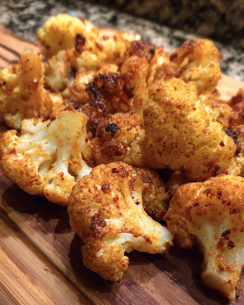 Close-up of Crispy Roasted Cauliflower with Paprika florets on a wooden cutting board.