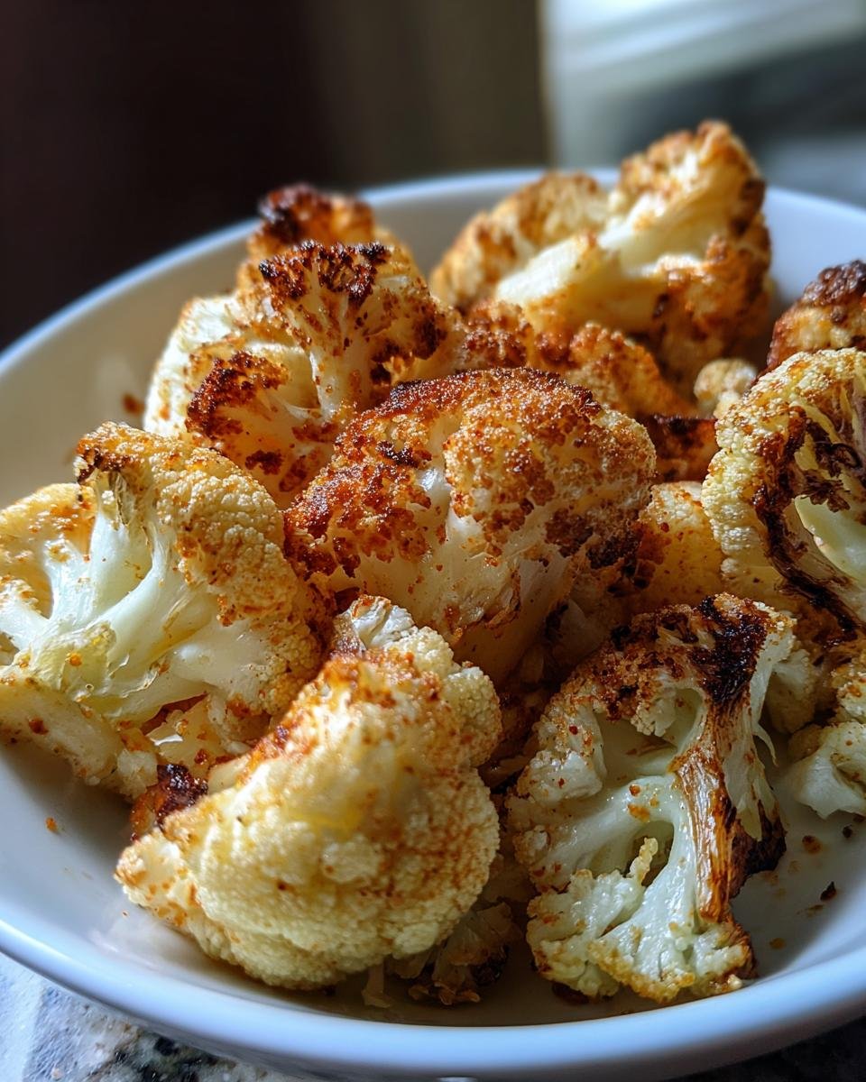 Close-up of a white bowl filled with crispy roasted cauliflower florets seasoned with paprika.