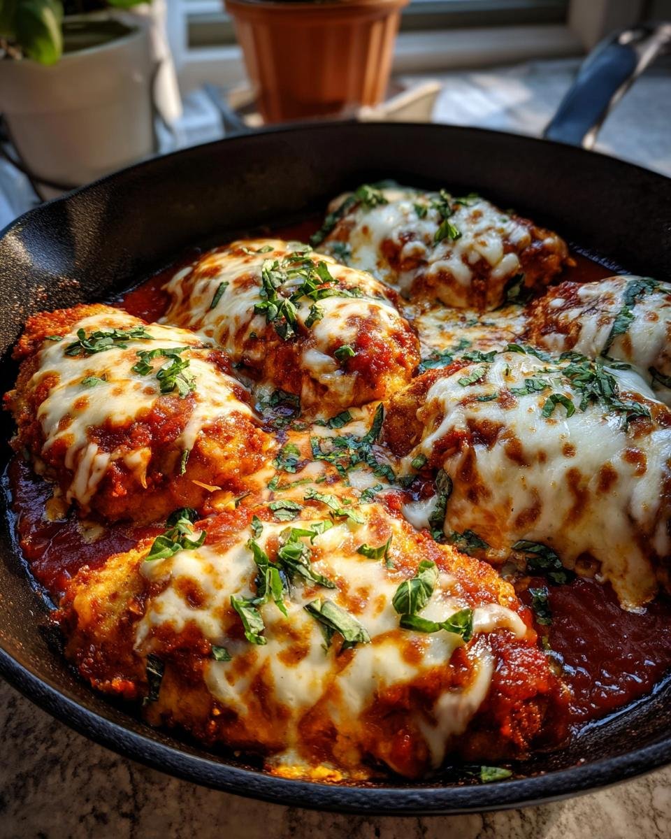 Close-up of Delicious Baked Chicken Parmesan Crispy Perfection in a cast iron skillet, topped with melted cheese and herbs.