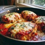 Close-up of Delicious Baked Chicken Parmesan Crispy Perfection in a skillet with melted cheese and marinara sauce.