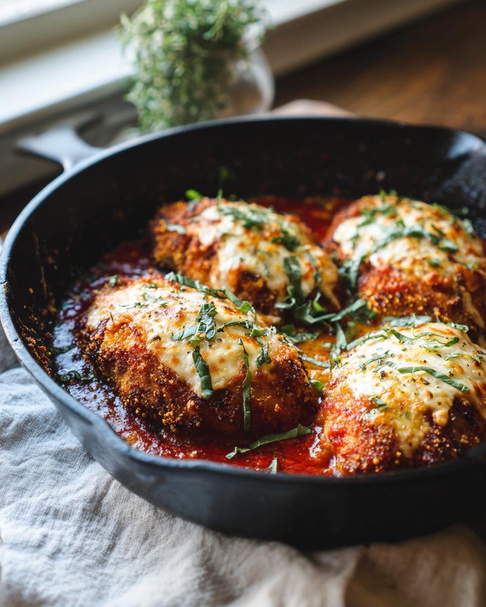 Four pieces of Delicious Baked Chicken Parmesan with melted cheese and basil in a cast-iron skillet.