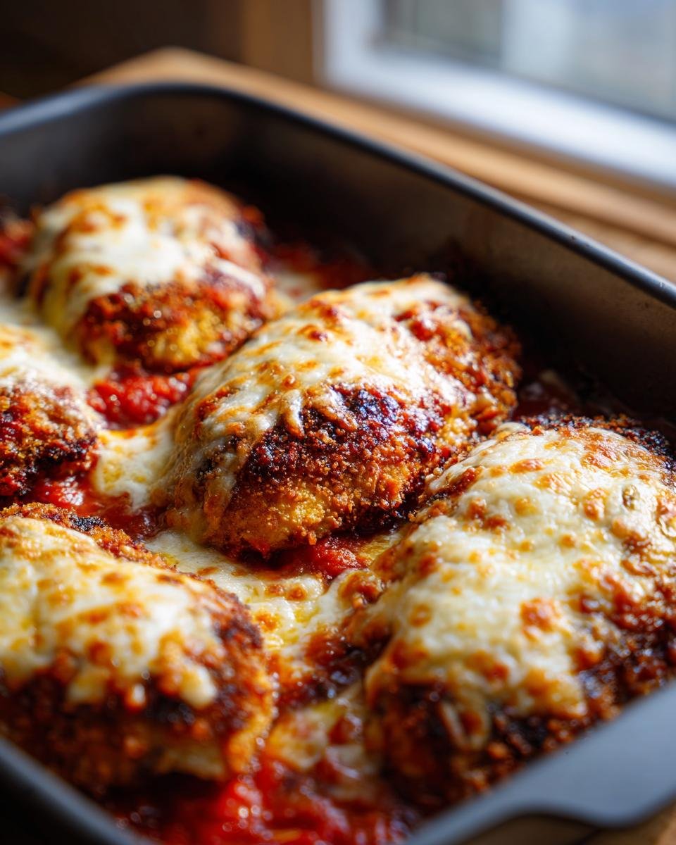 Close-up of Delicious Baked Chicken Parmesan Crispy Perfection in a baking dish, topped with melted cheese.