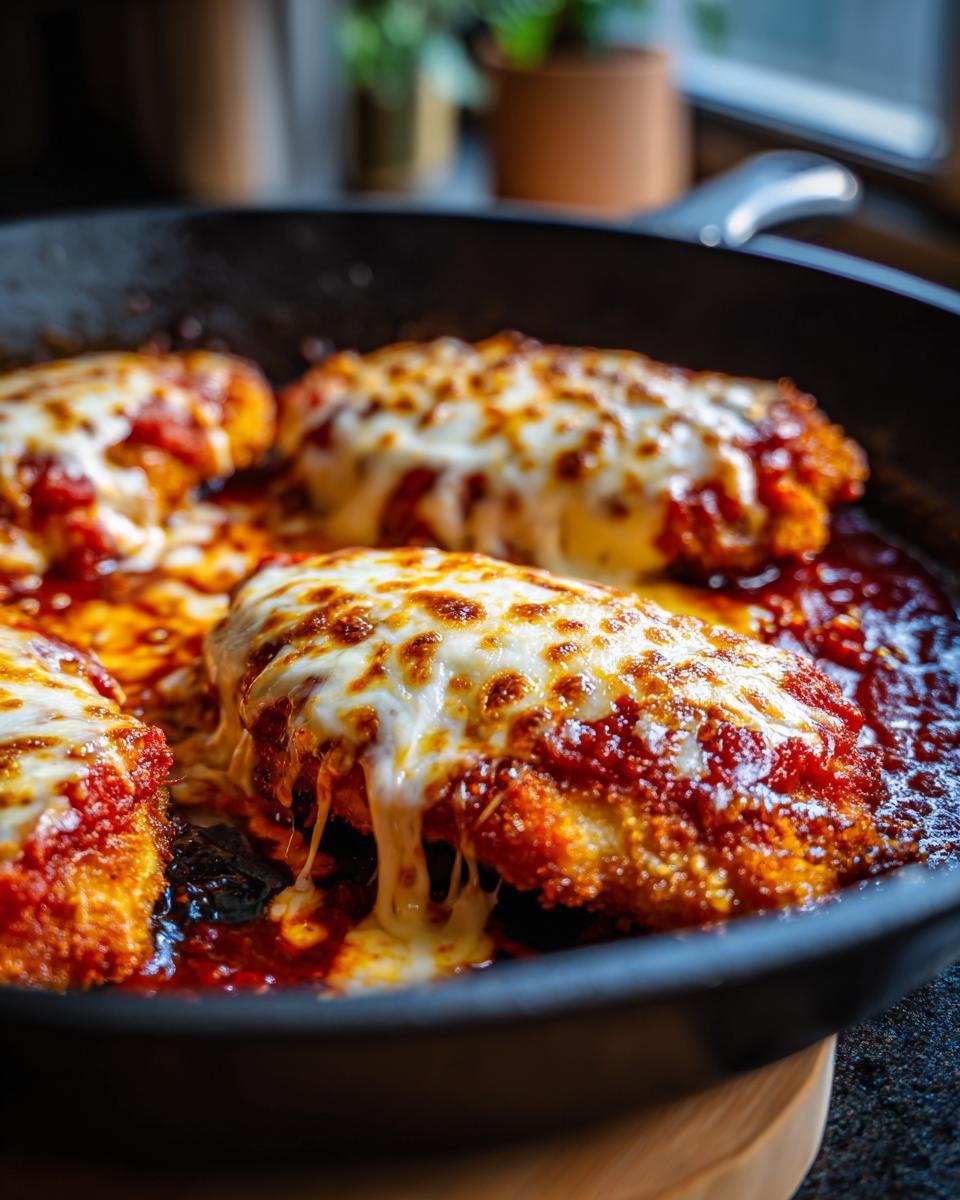 Close-up of Delicious Baked Chicken Parmesan with melted cheese and marinara sauce in a skillet.
