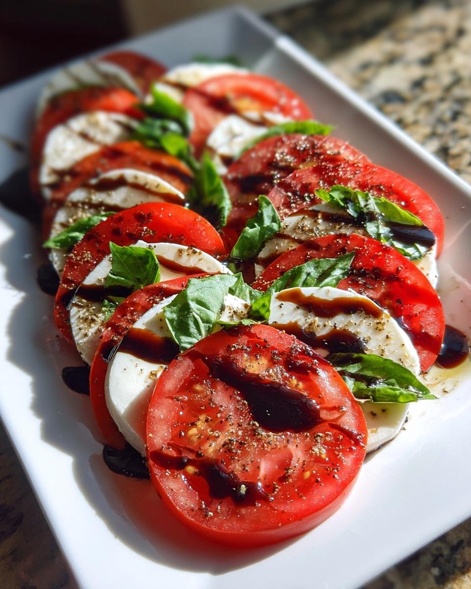 A close-up of a Delicious Caprese Salad With Balsamic Glaze, featuring alternating slices of ripe tomatoes and fresh mozzarella, garnished with basil leaves and drizzled with balsamic glaze.
