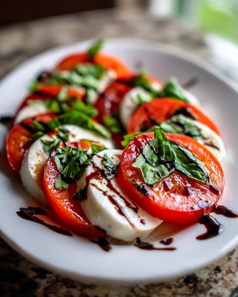 A close-up of a Delicious Caprese Salad with Balsamic Glaze, featuring sliced tomatoes, fresh mozzarella, and basil drizzled with balsamic reduction.