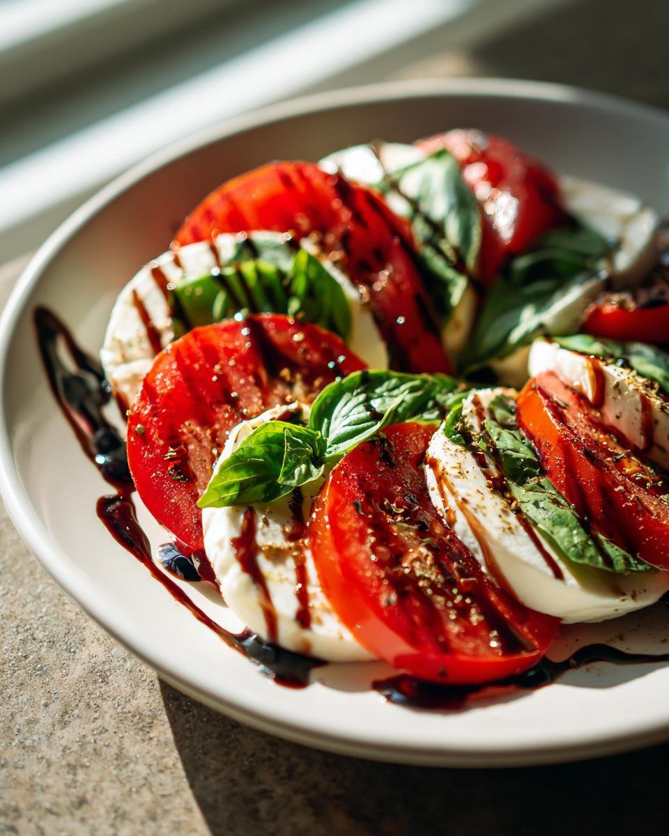 Close-up of a Delicious Caprese Salad with Balsamic Glaze, featuring fresh tomatoes, mozzarella, and basil.