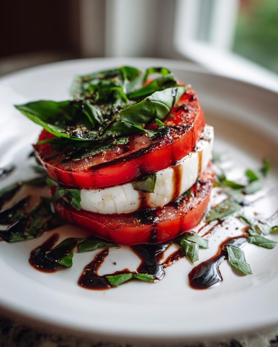 A stacked Delicious Caprese Salad With Balsamic Glaze featuring fresh tomatoes, mozzarella, and basil, drizzled with balsamic glaze.