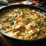 A close-up of a Delicious Chicken Alfredo Bake in a pan, featuring creamy sauce, tender chicken, and fettuccine pasta, garnished with parsley.