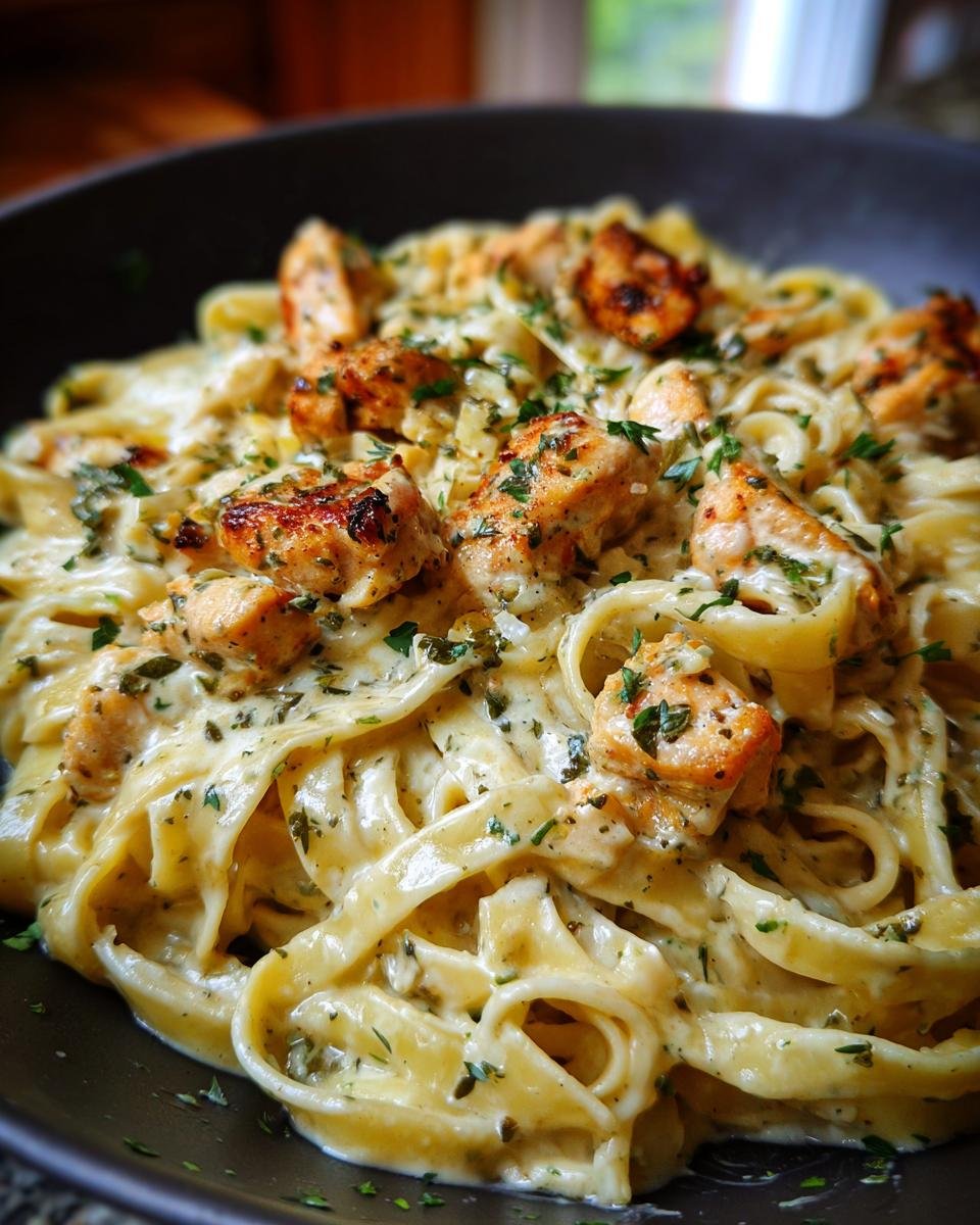 Close-up of a bowl of Delicious Chicken Alfredo Bake with tender chicken pieces and fettuccine pasta in a creamy sauce, garnished with parsley.