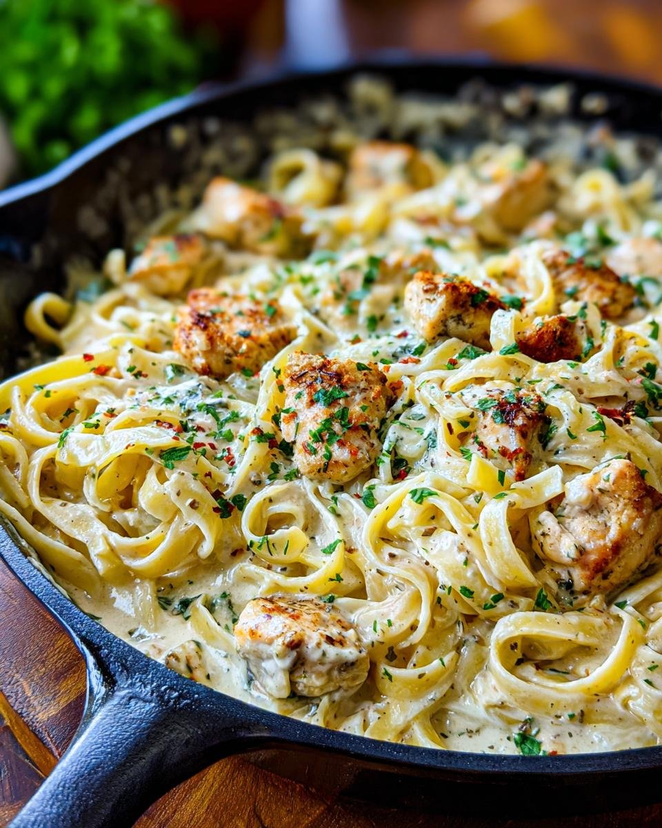 Close-up of a Delicious Chicken Alfredo Bake with fettuccine pasta, creamy sauce, and chicken pieces, garnished with parsley.