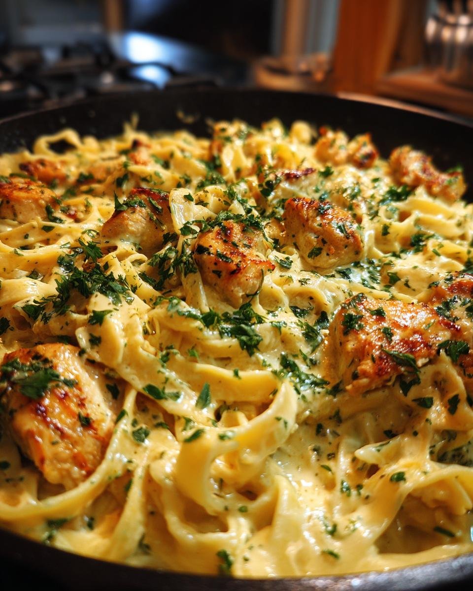 Close-up of a Delicious Chicken Alfredo Bake with fettuccine pasta, creamy sauce, and garnished with parsley.