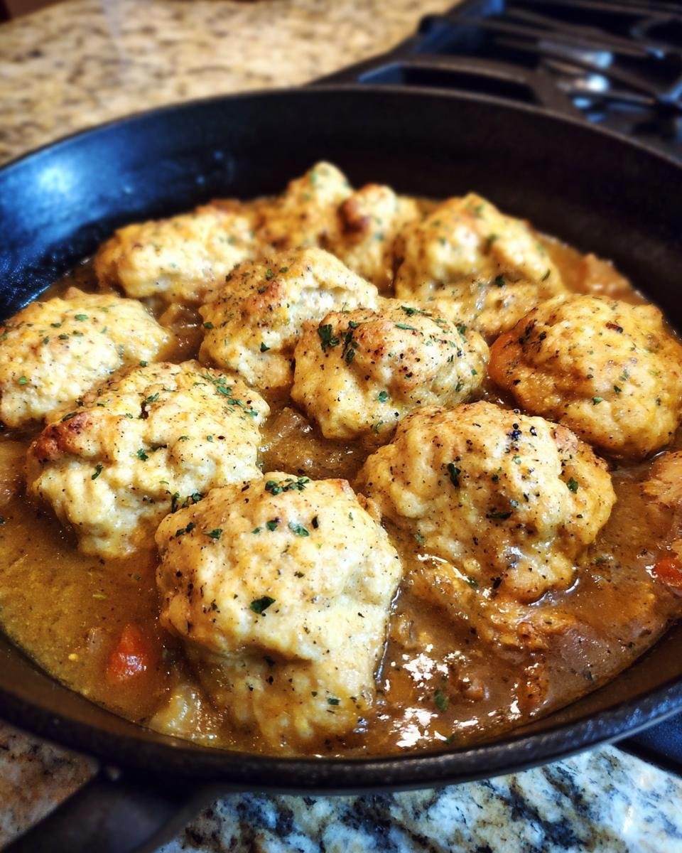 Close-up of fluffy dumplings in a rich, savory broth, part of a Delicious Chicken and Dumplings Recipe Southern Comfort.
