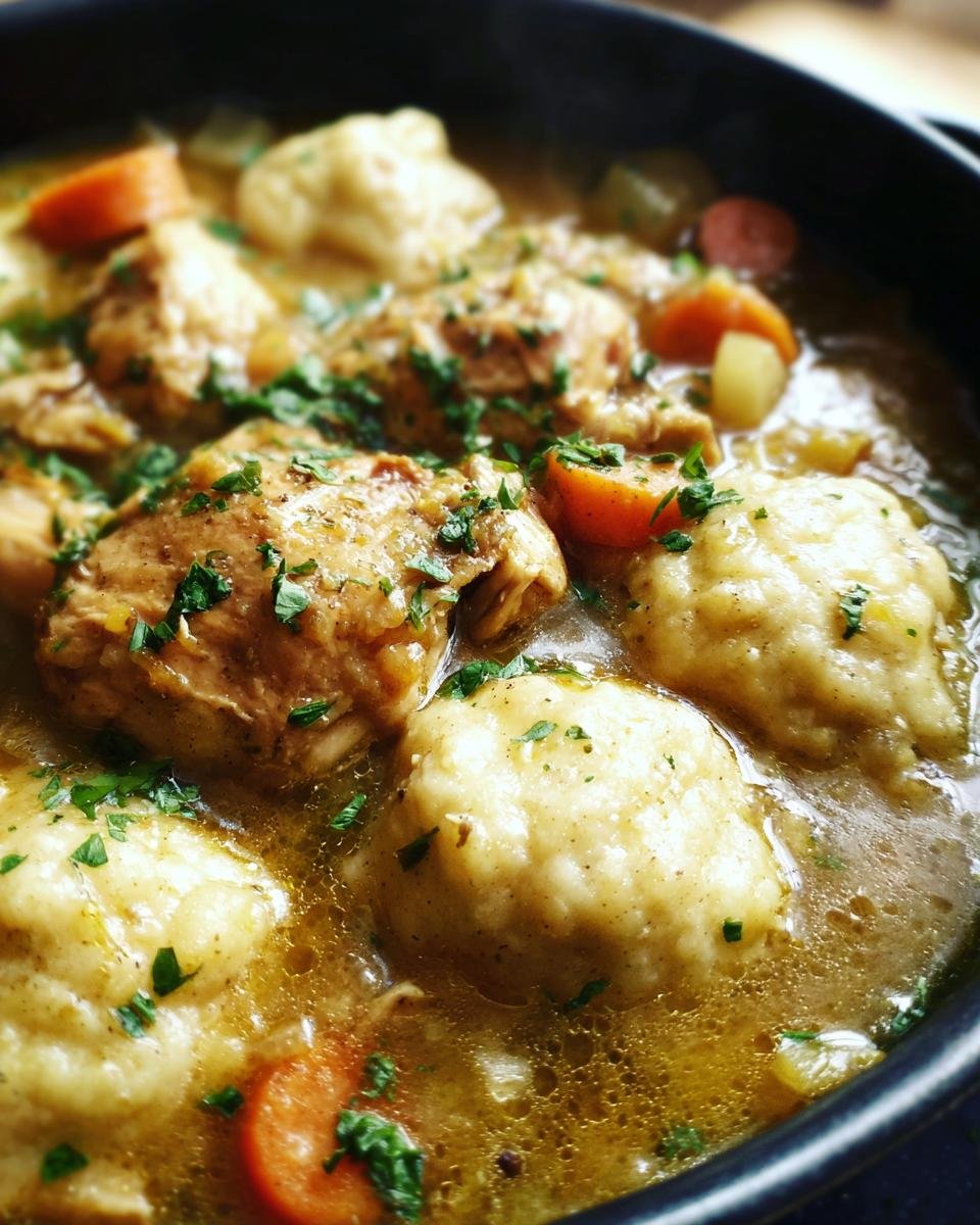 Close-up of a bowl of Delicious Chicken and Dumplings Recipe Southern Comfort, with tender chicken, fluffy dumplings, and carrots in a savory broth.
