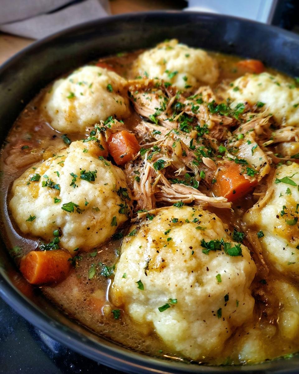Close-up of a pot of Delicious Chicken and Dumplings Recipe Southern Comfort, with fluffy dumplings, shredded chicken, and carrots in broth.