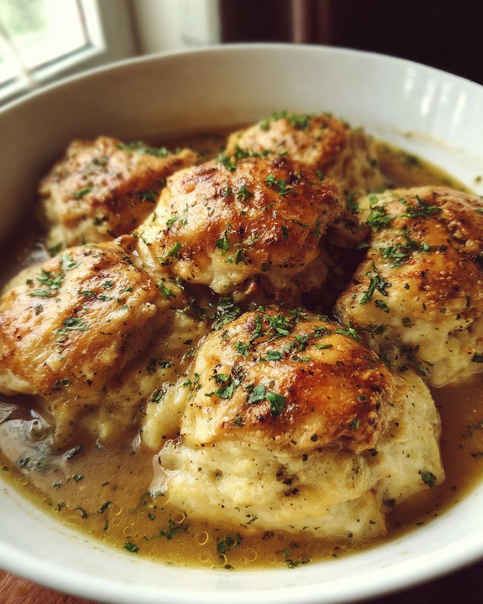 A close-up of a bowl filled with Delicious Chicken and Dumplings Recipe Southern Comfort, garnished with fresh parsley.