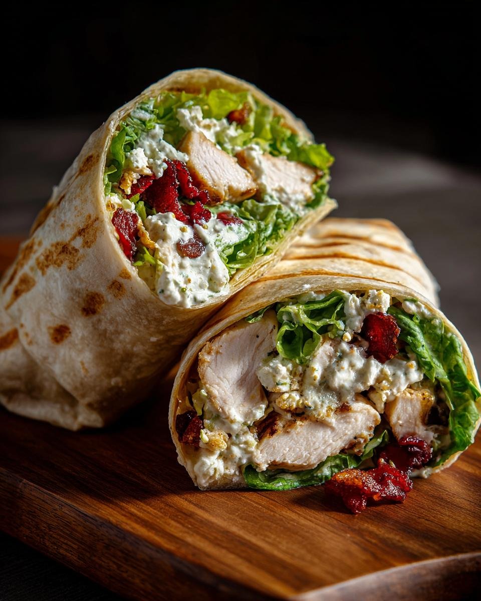 Close-up of a Delicious Chicken Caesar Salad Wrap cut in half, showing grilled chicken, lettuce, and creamy dressing.