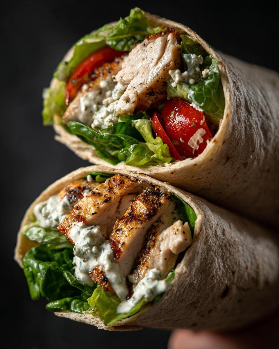Two Delicious Chicken Caesar Salad Wraps stacked, filled with grilled chicken, lettuce, tomatoes, and creamy dressing.