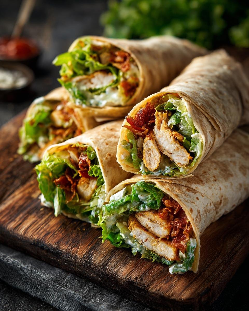 Close-up of Delicious Chicken Caesar Salad Wraps on a wooden board, showing grilled chicken, lettuce, and creamy dressing.