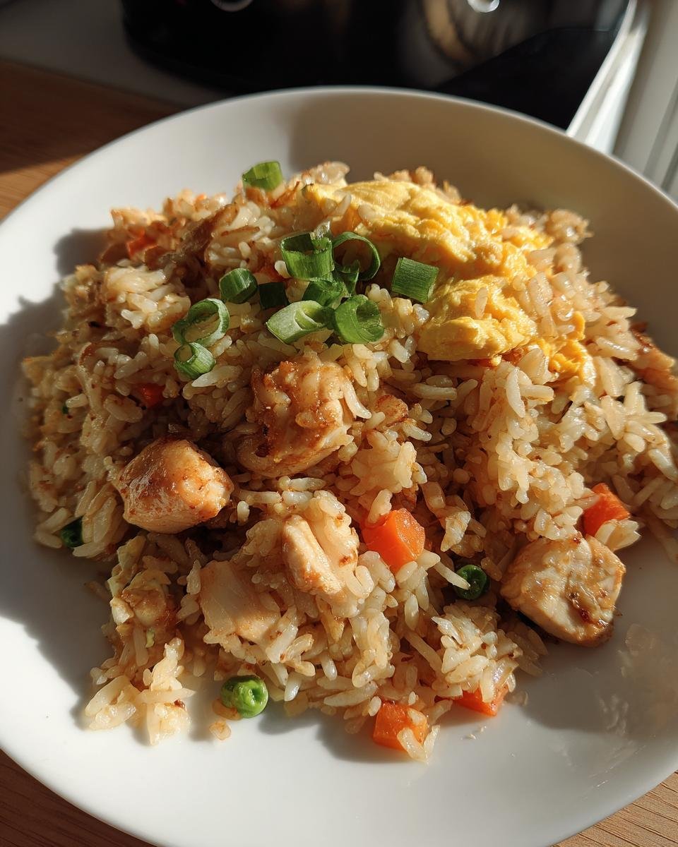 A close-up of Delicious Chicken Fried Rice, featuring tender chicken pieces, scrambled egg, peas, and carrots.