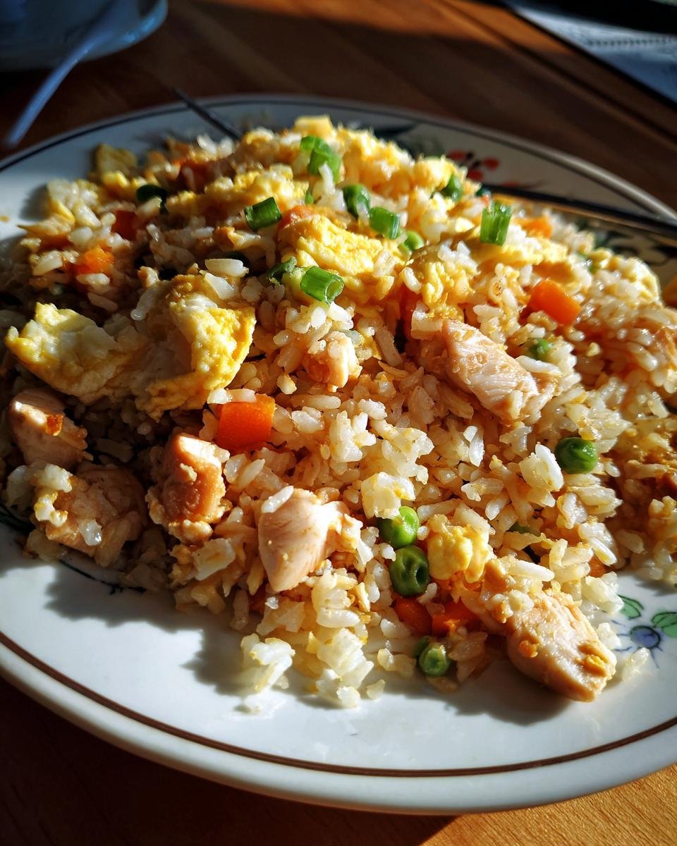 A plate of Delicious Chicken Fried Rice Simple Dinner with scrambled eggs, peas, carrots, and chicken pieces, garnished with green onions.