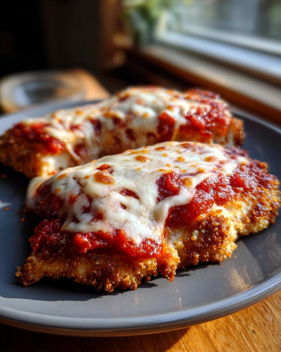 Two breaded chicken cutlets topped with marinara sauce and melted mozzarella cheese, a classic Italian dish.