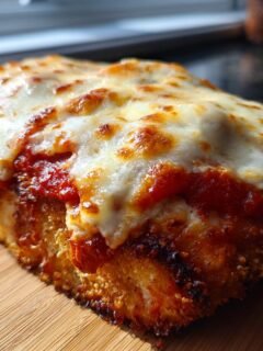A close-up of a Delicious Chicken Parmesan Recipe, showcasing a golden-brown breaded cutlet topped with melted mozzarella and marinara sauce.
