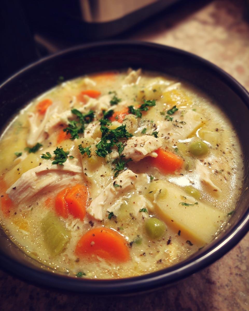 A close-up of a bowl of Delicious Chicken Pot Pie Soup, filled with chicken, carrots, peas, and potatoes, garnished with parsley.