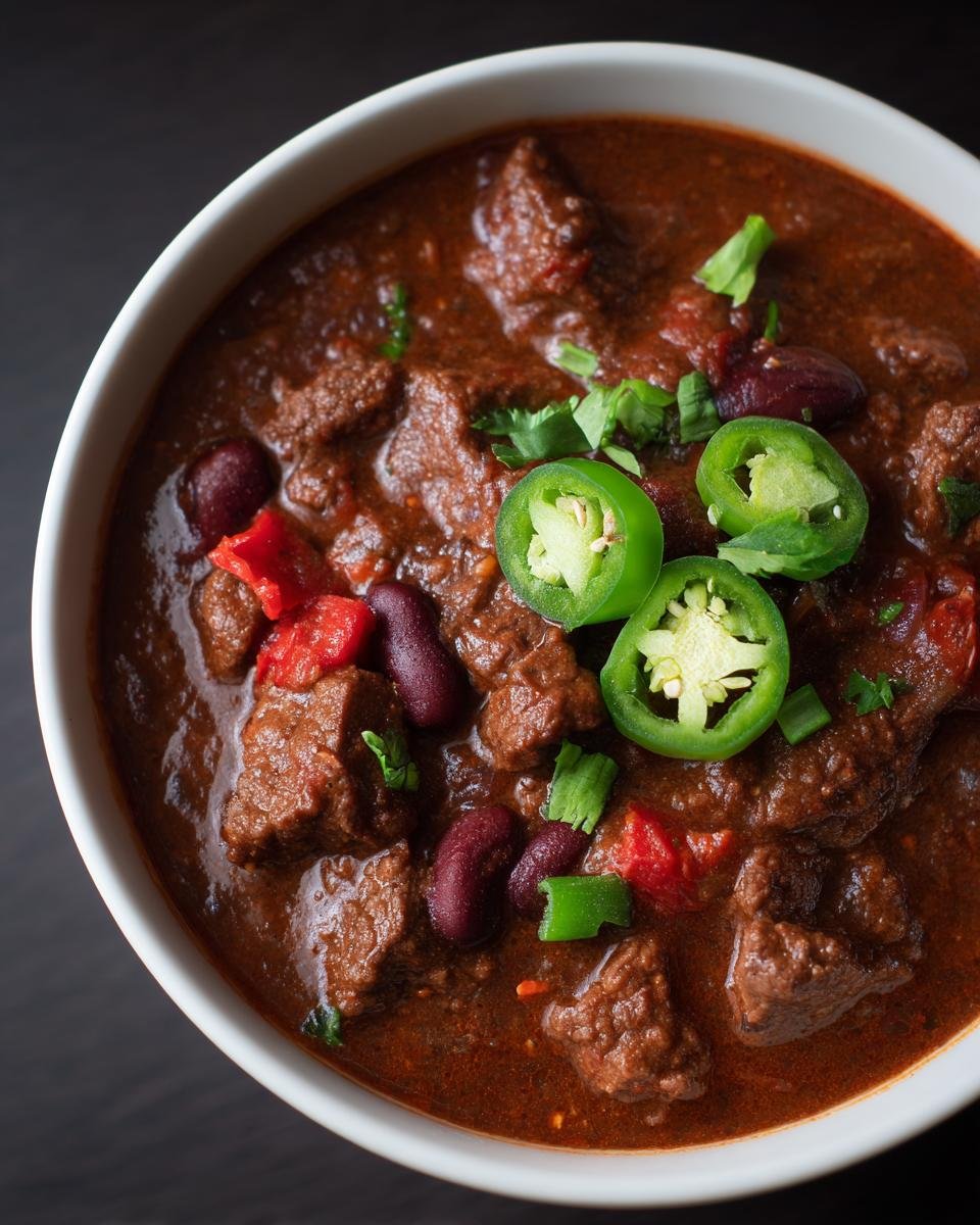 A close-up of a bowl filled with Delicious Classic Beef Chili Recipe, garnished with jalape&ntilde;os and cilantro.
