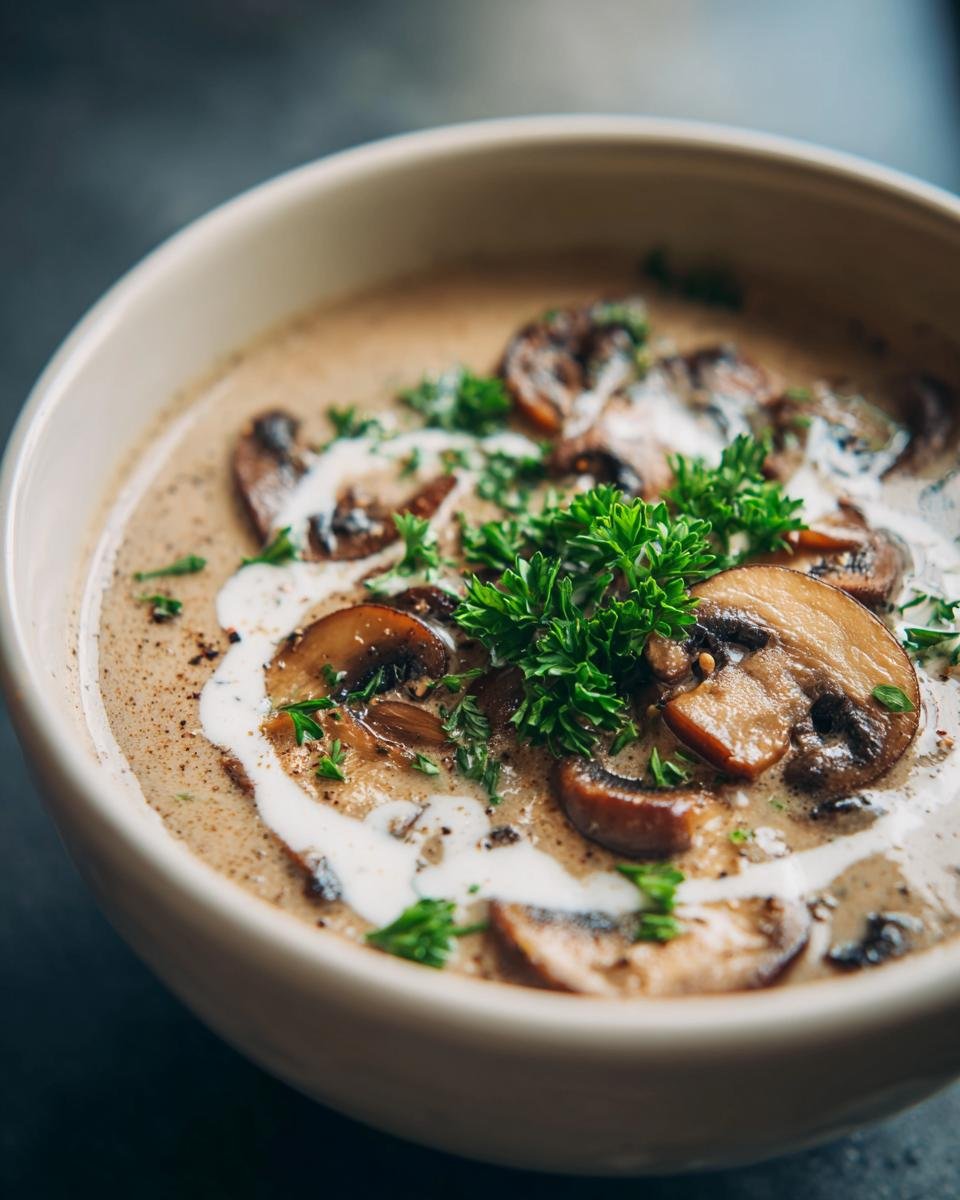 A close-up of a bowl of Delicious Creamy Mushroom Soup Recipe, garnished with fresh parsley and a swirl of cream.