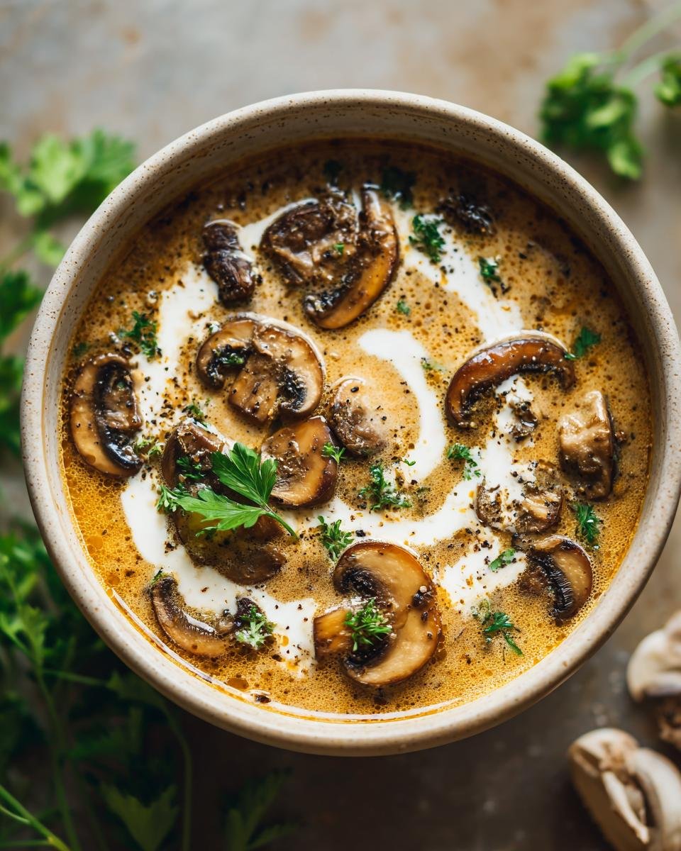 A close-up overhead view of a bowl of delicious creamy mushroom soup, garnished with fresh parsley and a swirl of cream.