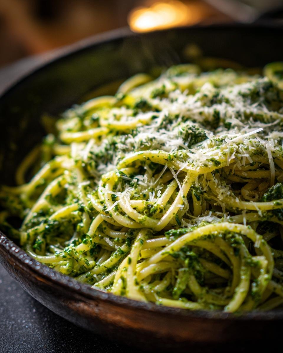 Close-up of Delicious Creamy Pesto Pasta, coated in vibrant green pesto and topped with grated Parmesan cheese.